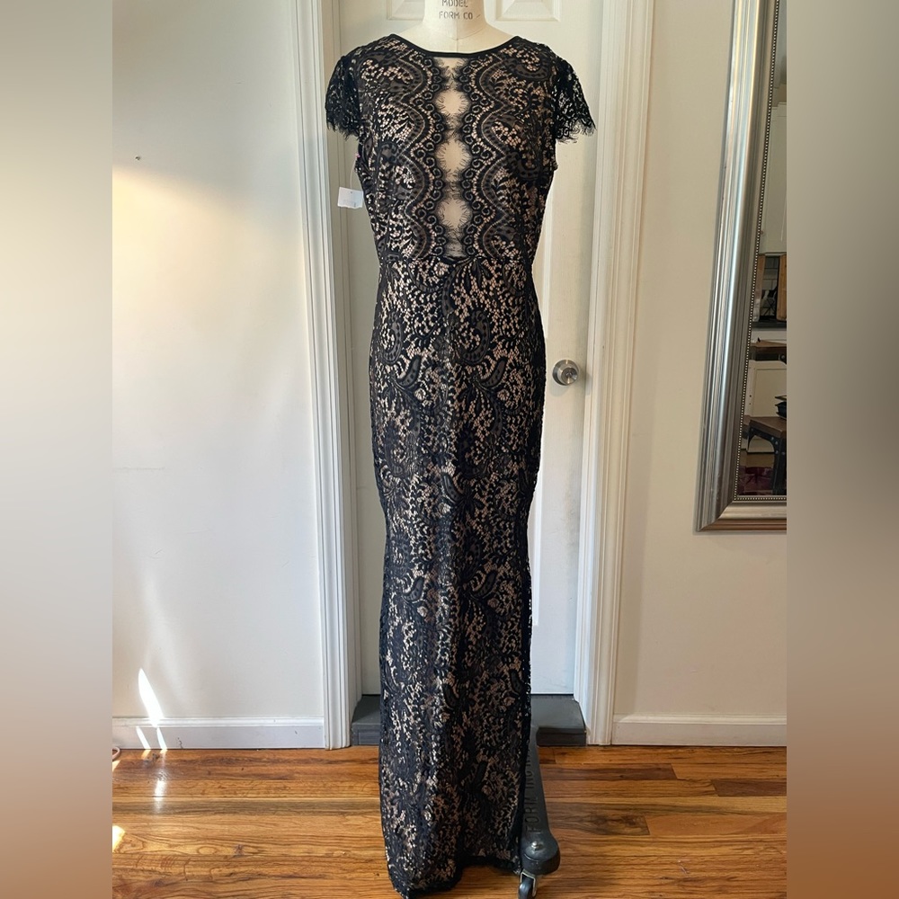 New, with tags, stretch lace nude backless cocktail dress